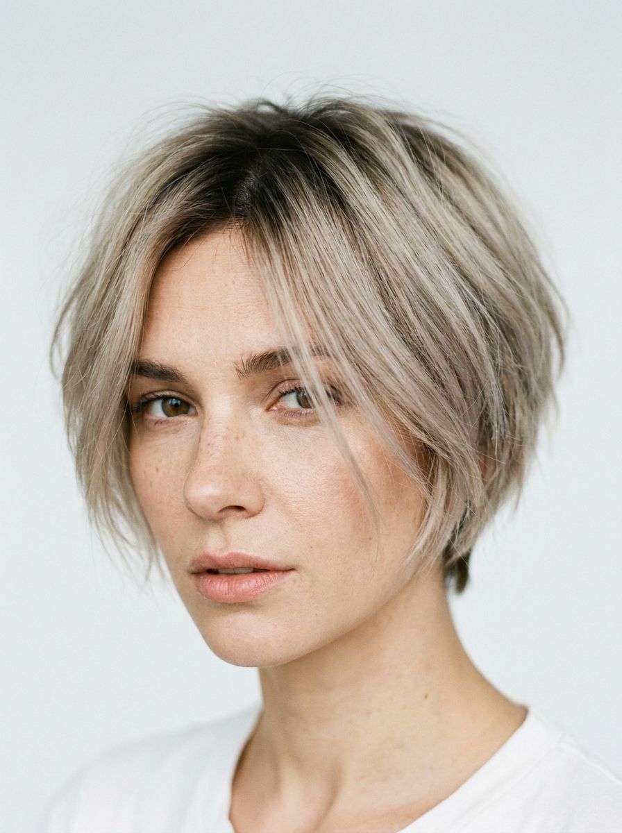 Kühles Blond mit dunklem Ansatz - Haarfarben Ideen für kurze Haare